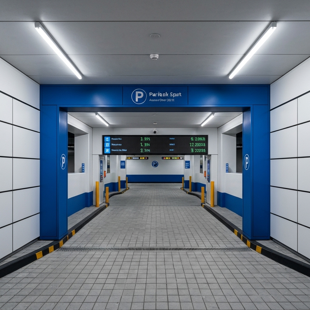 Modern underground parking entrance with digital signage indicating available spots