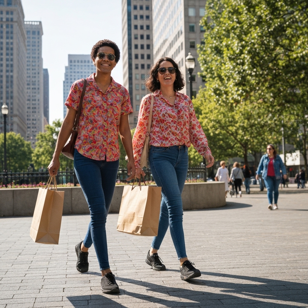 Modern commuters walking near a train station entrance with shopping bags, urban sunset lighting, photorealistic style