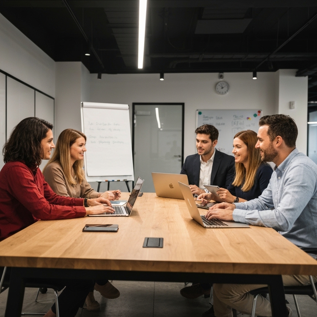 Futuristic office setting with team collaborating over a large digital interface showing AI web building progress