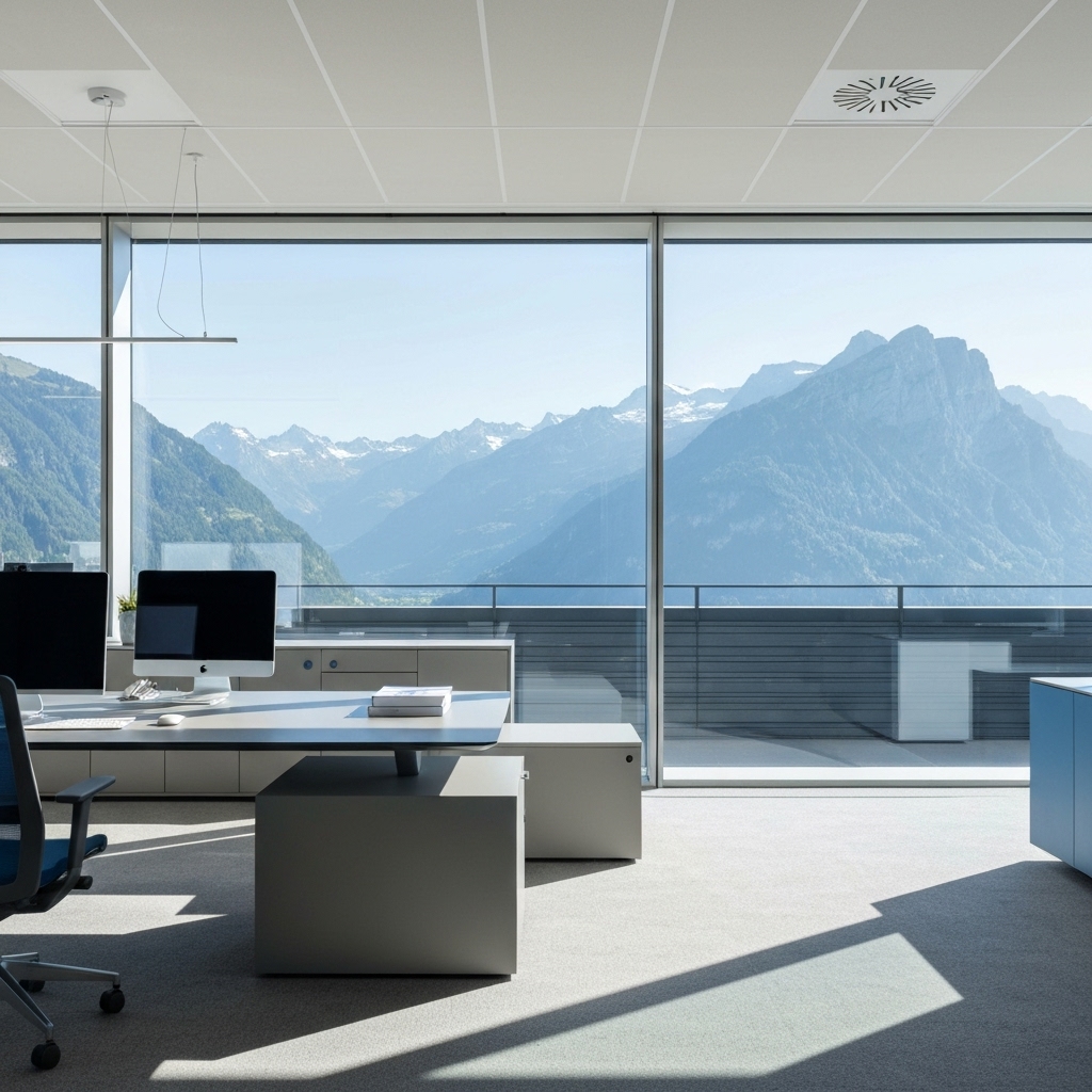 A professional and modern home office setup in Switzerland with multiple screens showing analytics and code, natural lighting