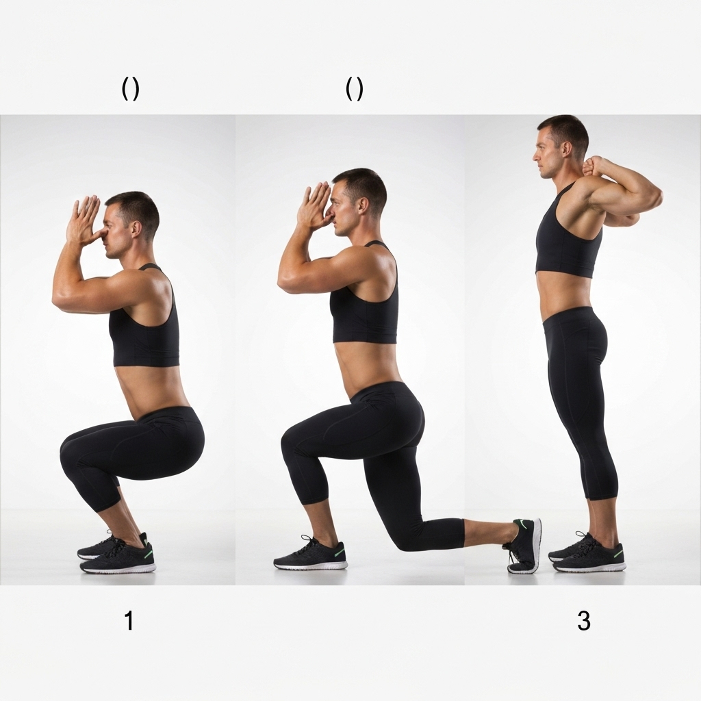 Detailed infographic or photo collage showing the correct posture for squats, lunges, and dips described in the tutorial