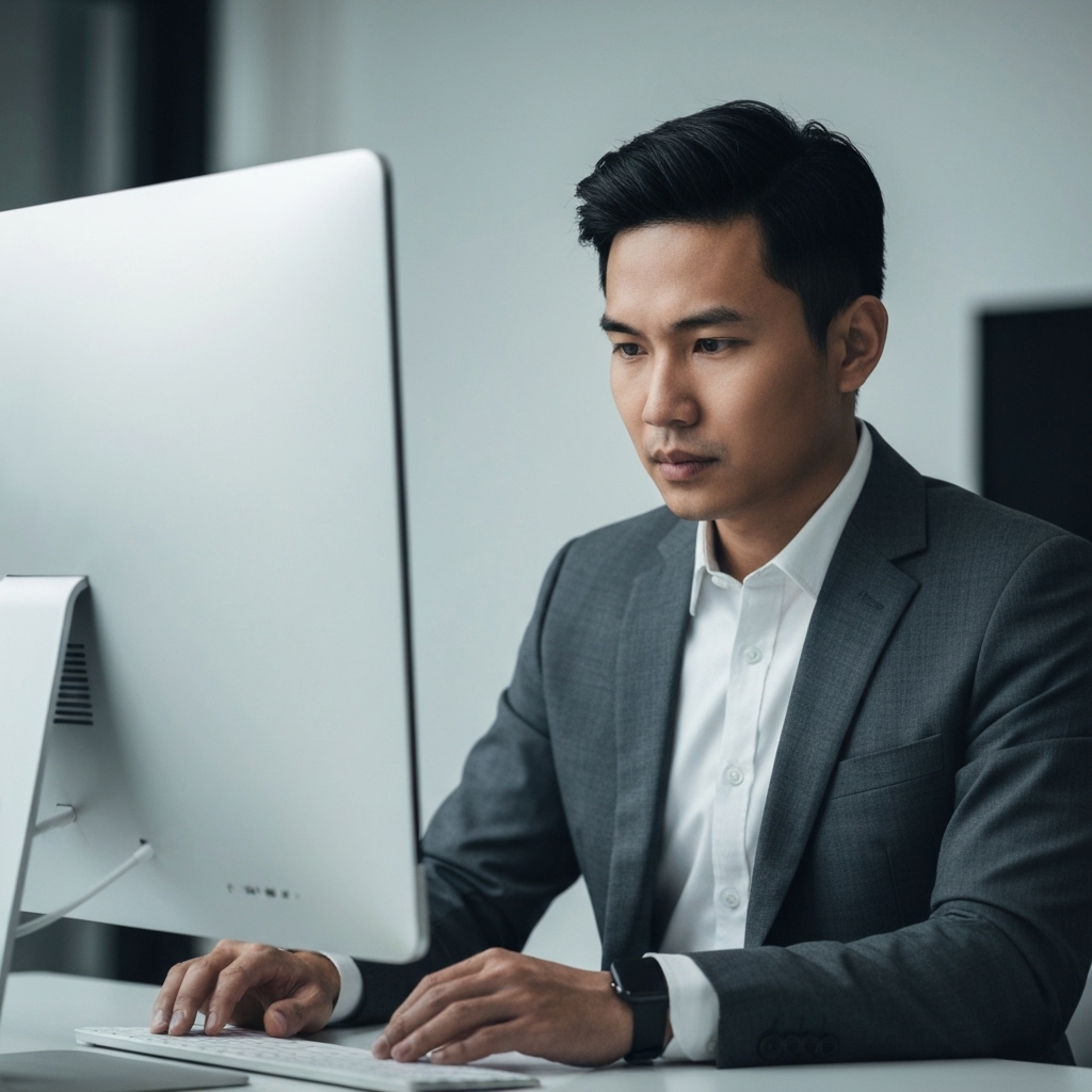 Professional looking at a smart watch in a modern office setting, thinking about fitness schedule