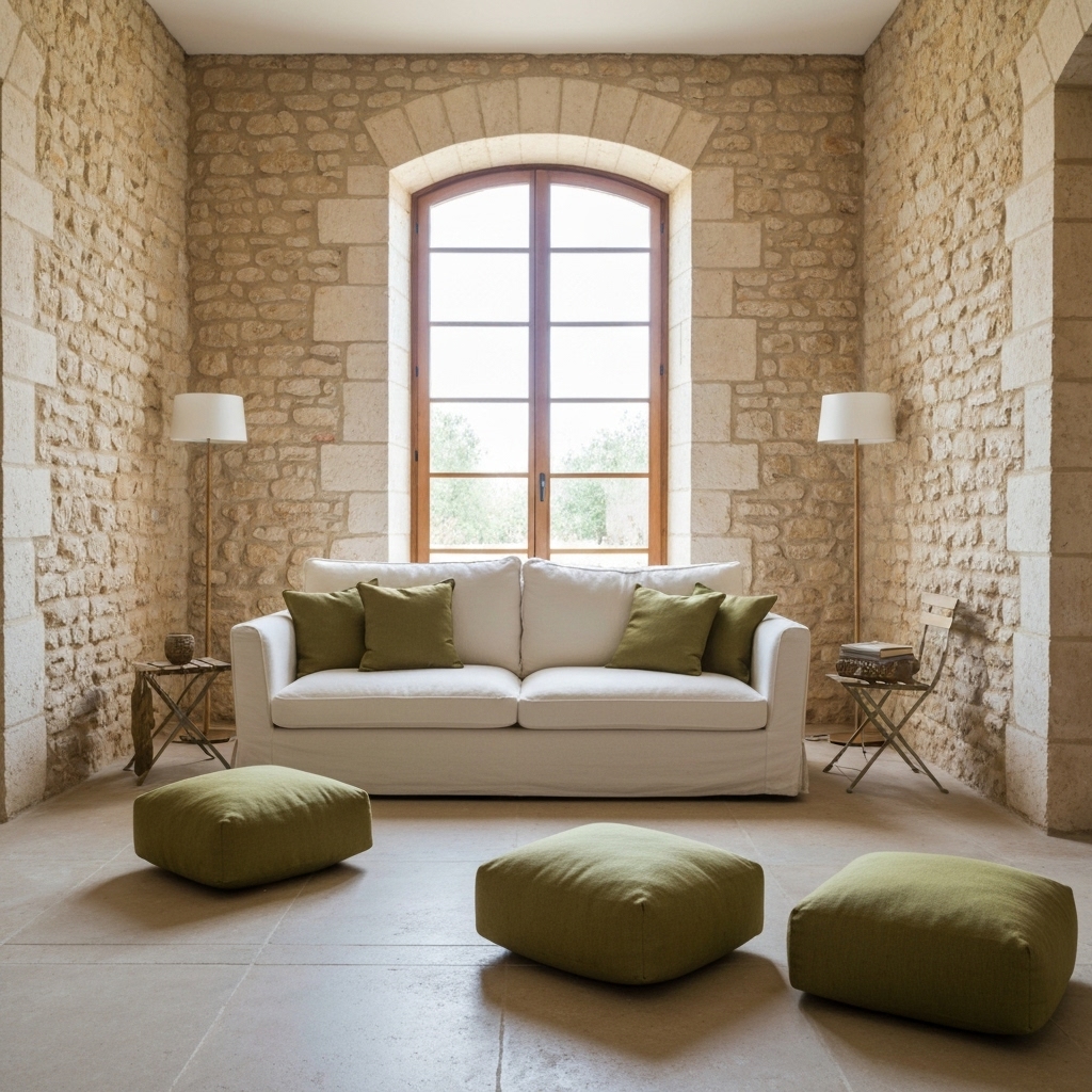 Salon lumineux avec murs en pierre apparente, canapé en lin blanc et touches de bois olive, style provençal moderne