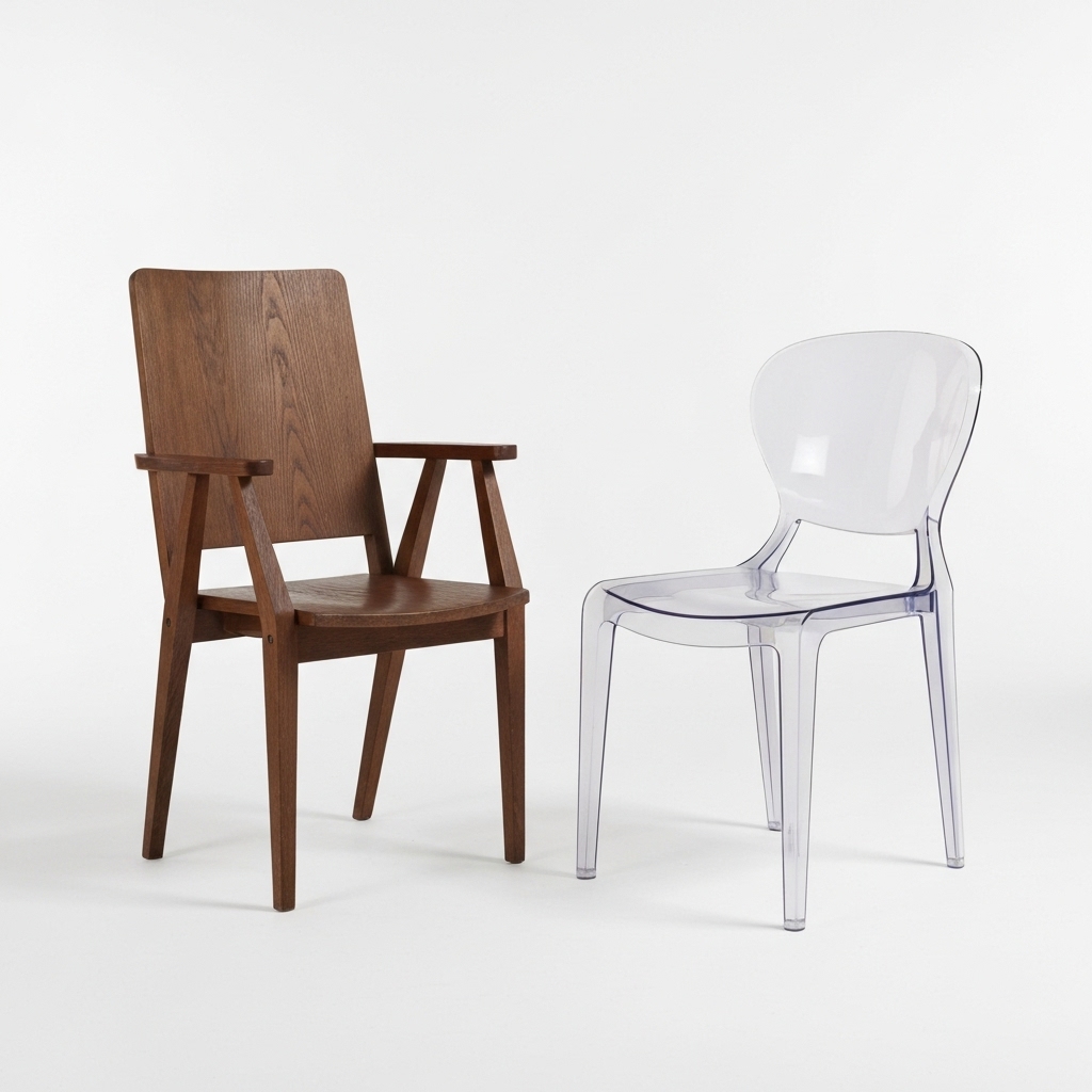 Tableau comparatif visuel simple montrant deux styles de chaises : une rustique ancienne et une design moderne en bois clair