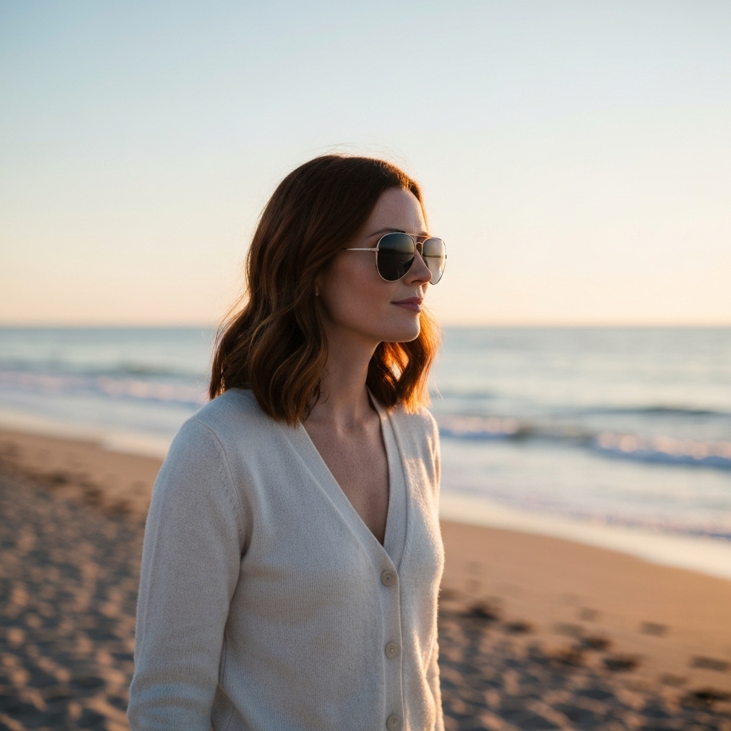 Realistic image of a stylish woman wearing a vintage Californian cardigan and sunglasses walking near a beach sunset context