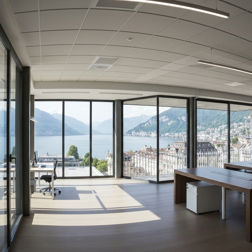 Modern bright open space office in Geneva with view on the lake, showing renovation potential
