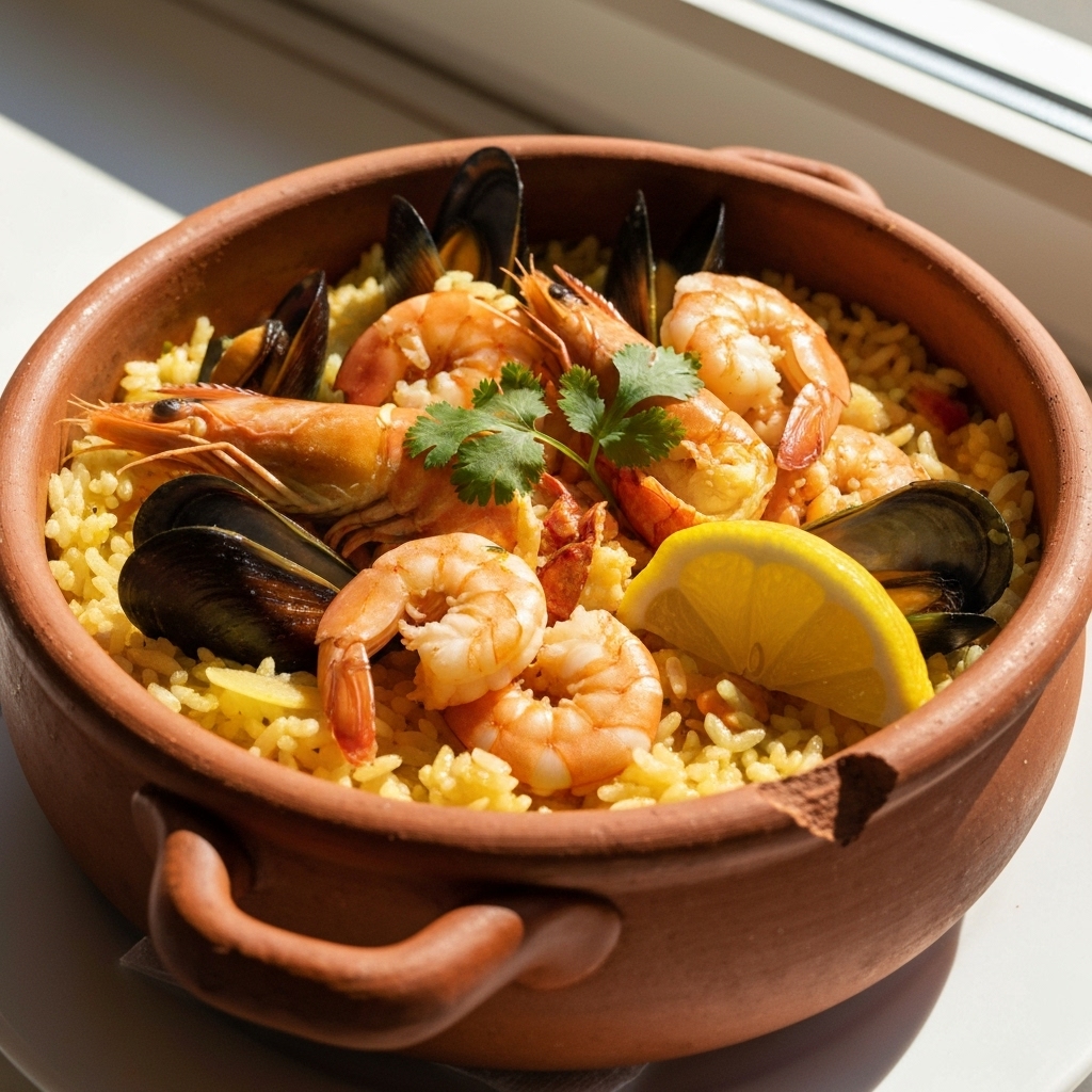 Plat généreux de Arroz Marisco riz aux fruits de mer portugais servi dans une casserole en terre cuite fumante