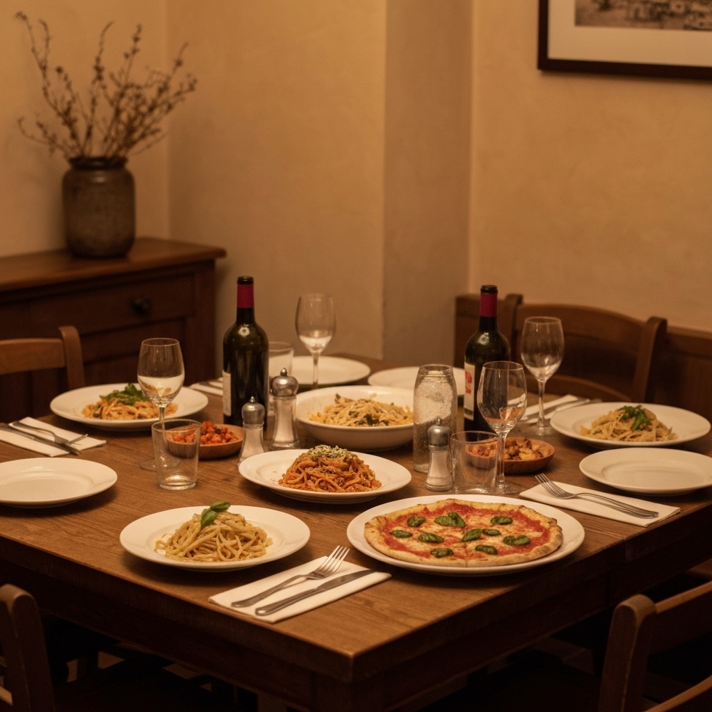Atmosphère chaleureuse d'une trattoria italienne traditionnelle avec des plats de pâtes et pizzas sur une table en bois, éclairage doux