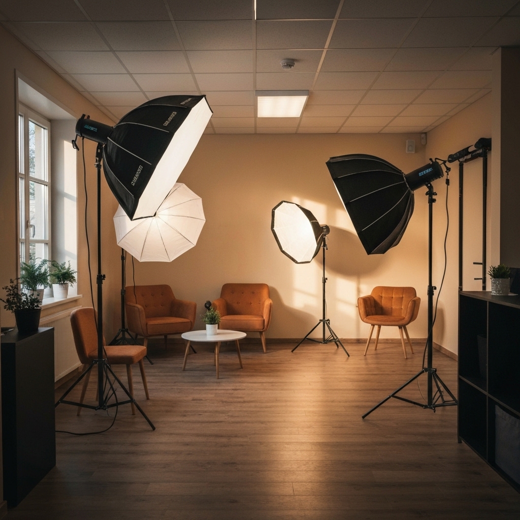 Warm and welcoming portrait studio interior in Chexbres with professional lighting setup