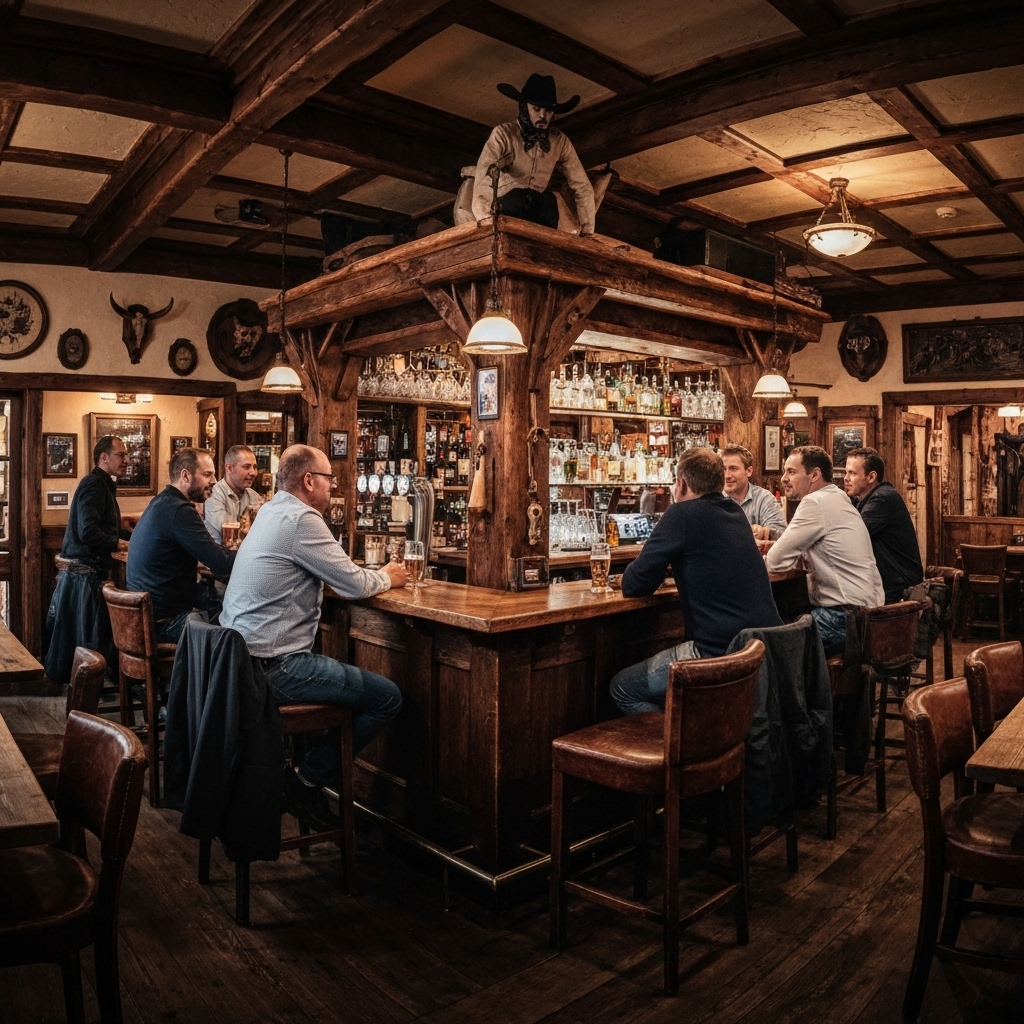 Realistic photo of a warm and cozy authentic pub interior with cowboy decoration, wooden bar, and happy diverse people chatting and drinking beer, warm lighting, switzerland style mixed with western