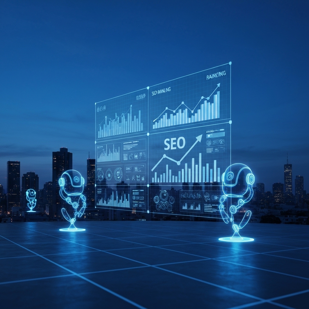 Futuristic digital landscape showing AI bots analyzing SEO data and ranking charts climbing upwards