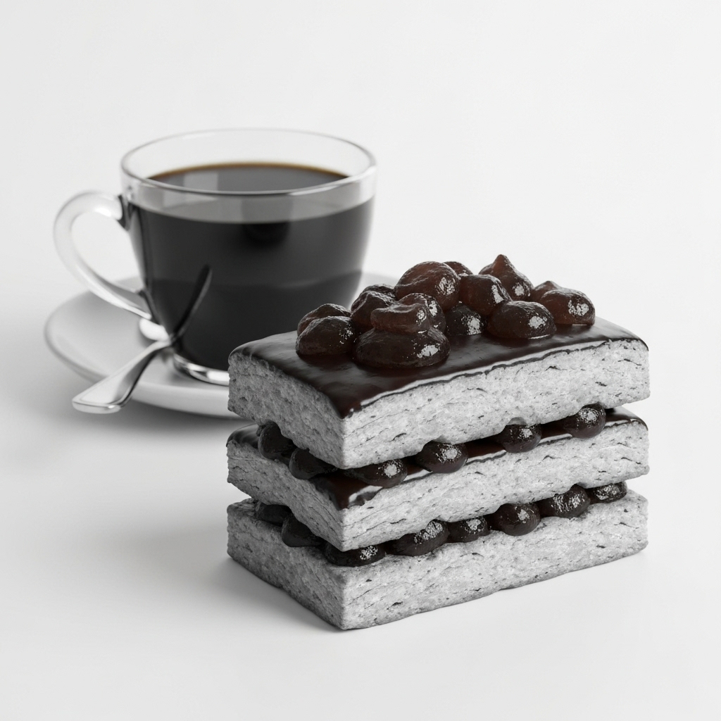 Un gros plan de très haute qualité sur une pâtisserie au chocolat qui a l'air incroyable, posée sur une table en marbre, avec une tasse de café floue en arrière-plan. L'idée, c'est de suggérer le luxe et le plaisir.