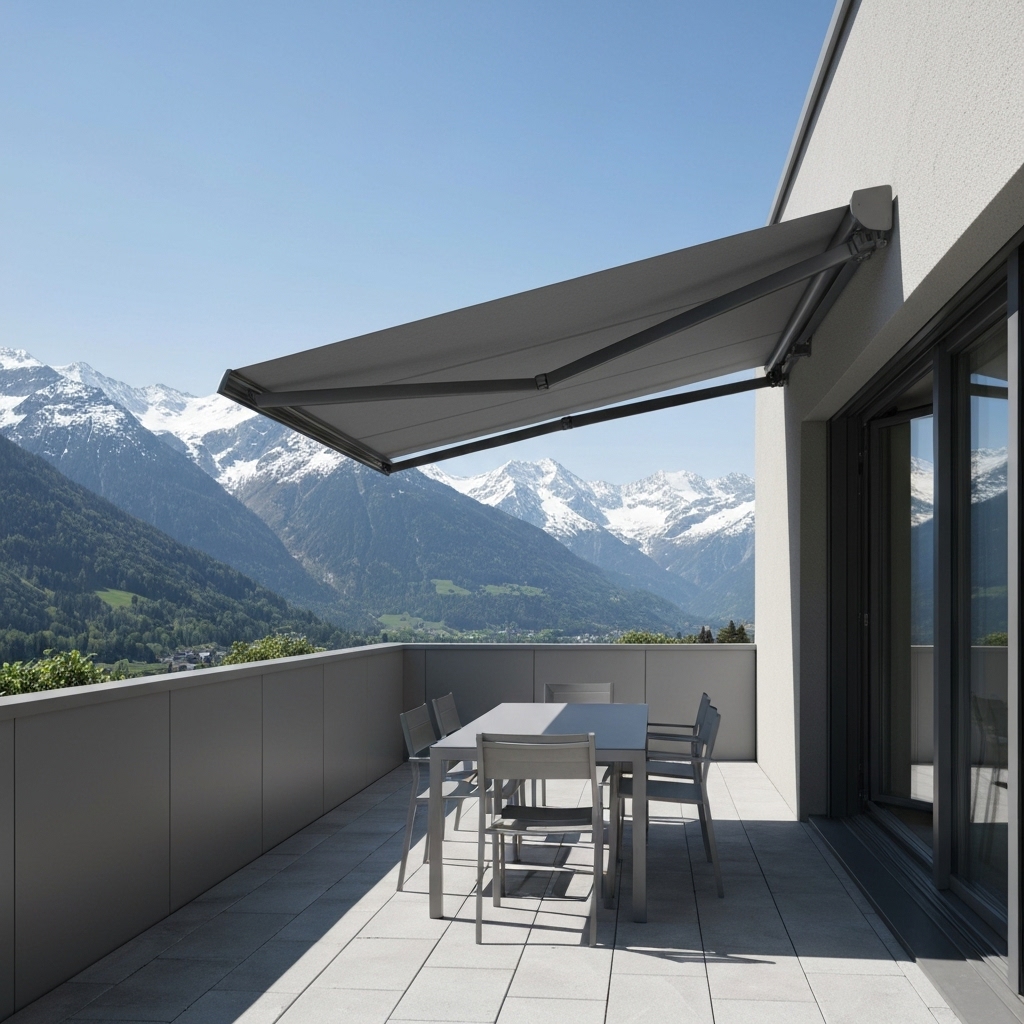 High quality photo of a modern balcony in Switzerland with a sleek opened sun awning protecting a table from the sun, mountains in background