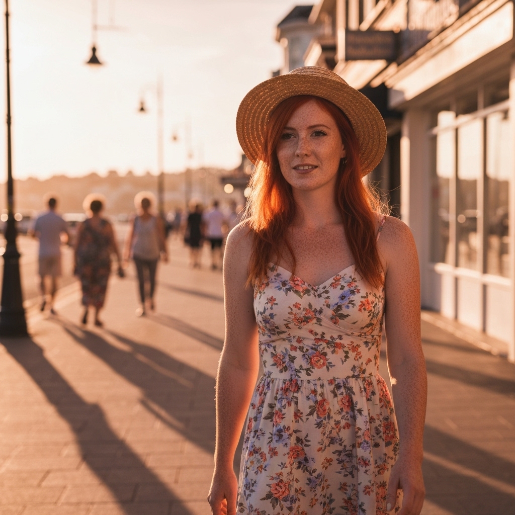 A woman wearing a stylish casual dress walking on a sunny Santa Monica beach pier with a laid-back vibe