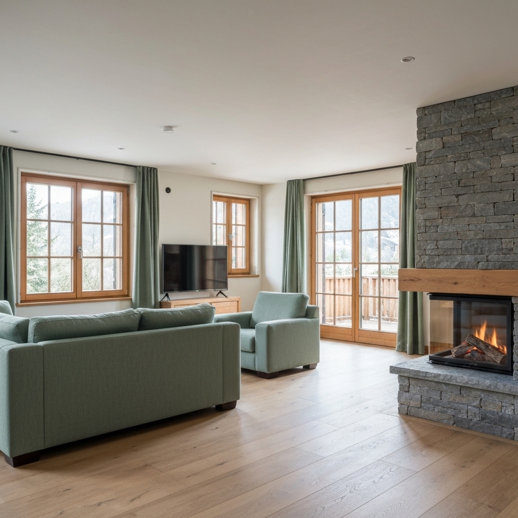 A modern, bright living room renovation in a Swiss chalet style with insulated walls and new windows, warm lighting, hyper realistic.