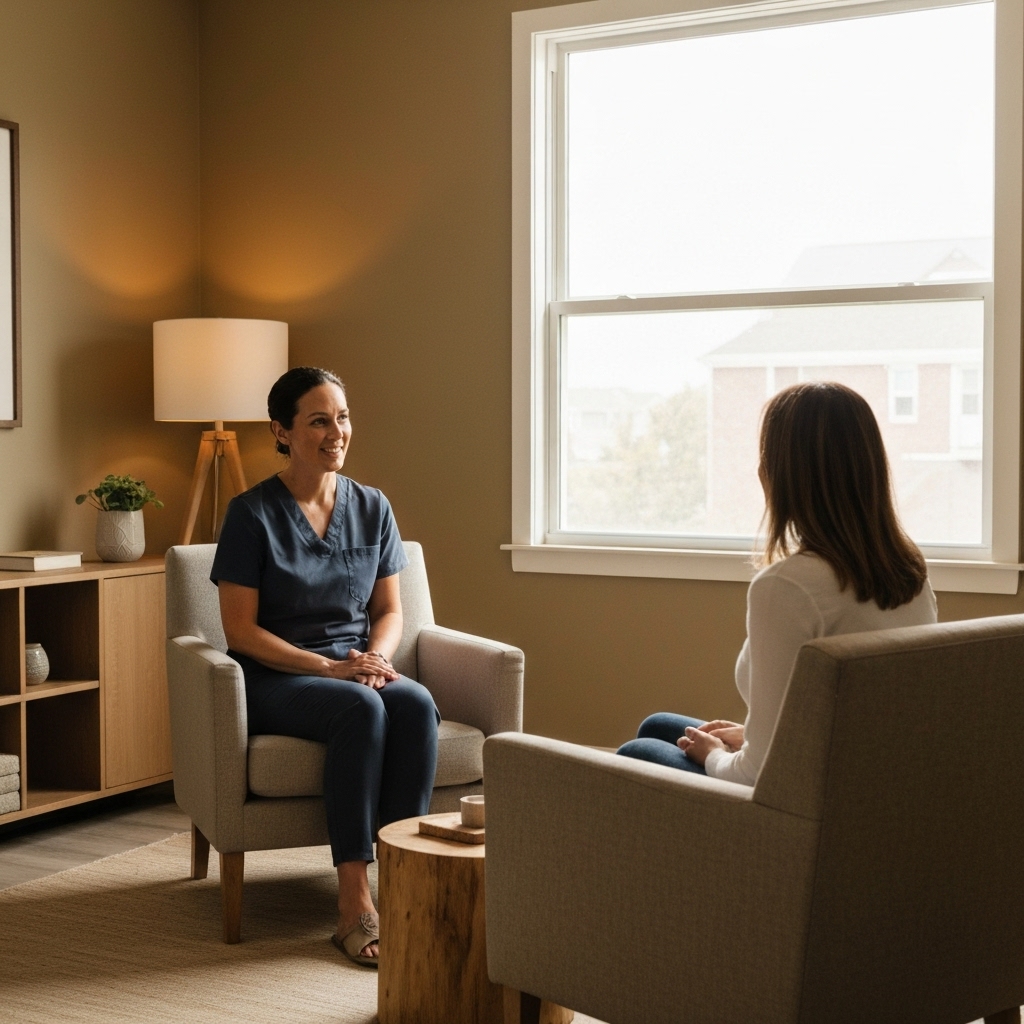 A calming integrative therapy room with natural light, showing a therapist talking to a patient in a safe environment