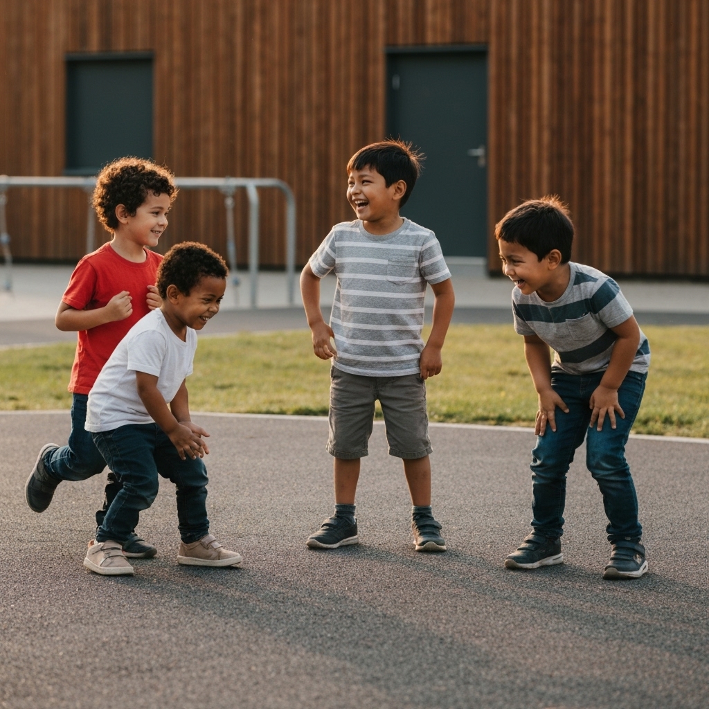 A professional photographer capturing candid moments of children laughing and interacting naturally in a modern Swiss school playground setting, soft natural lighting.