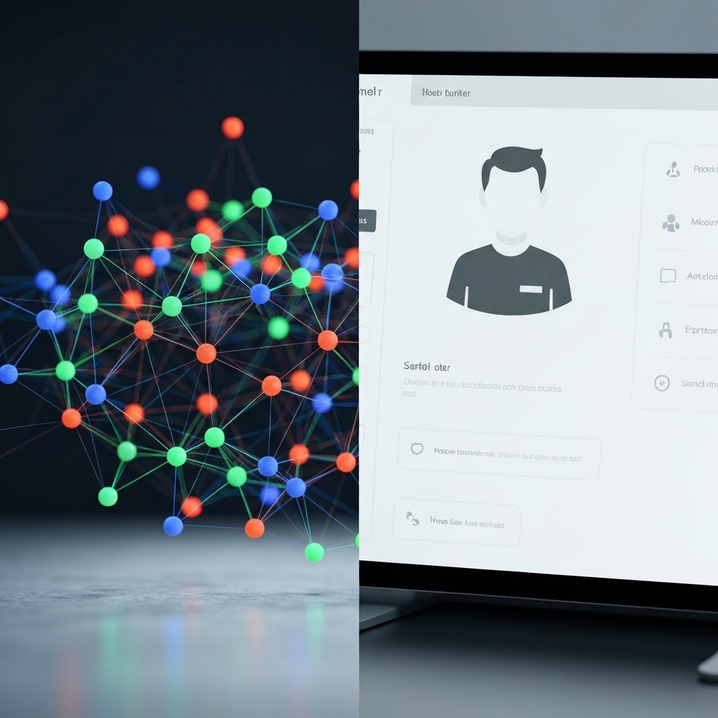 A split screen comparing a complex agency dashboard vs a simple mobile AI chat interface for website building
