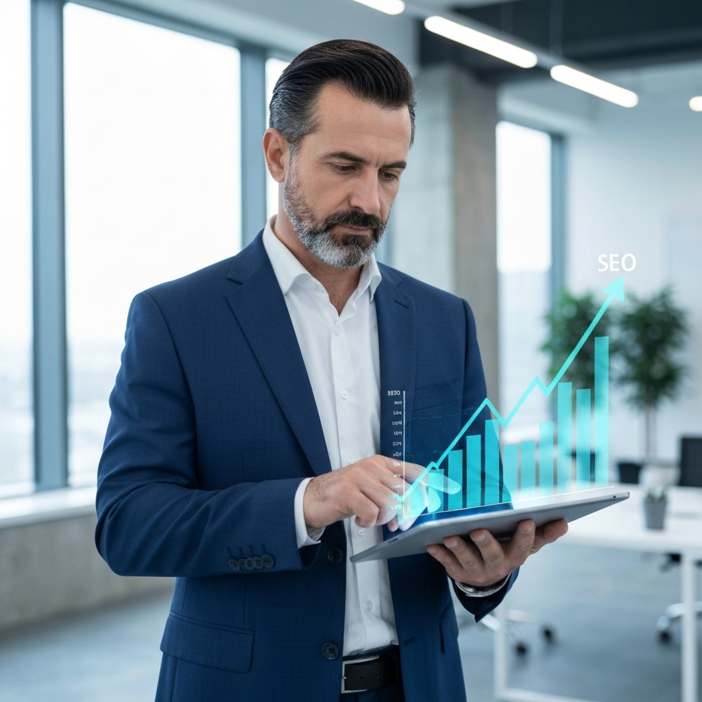 A business professional analyzing a rising SEO growth chart on a futuristic tablet while an AI robot assists in the background.