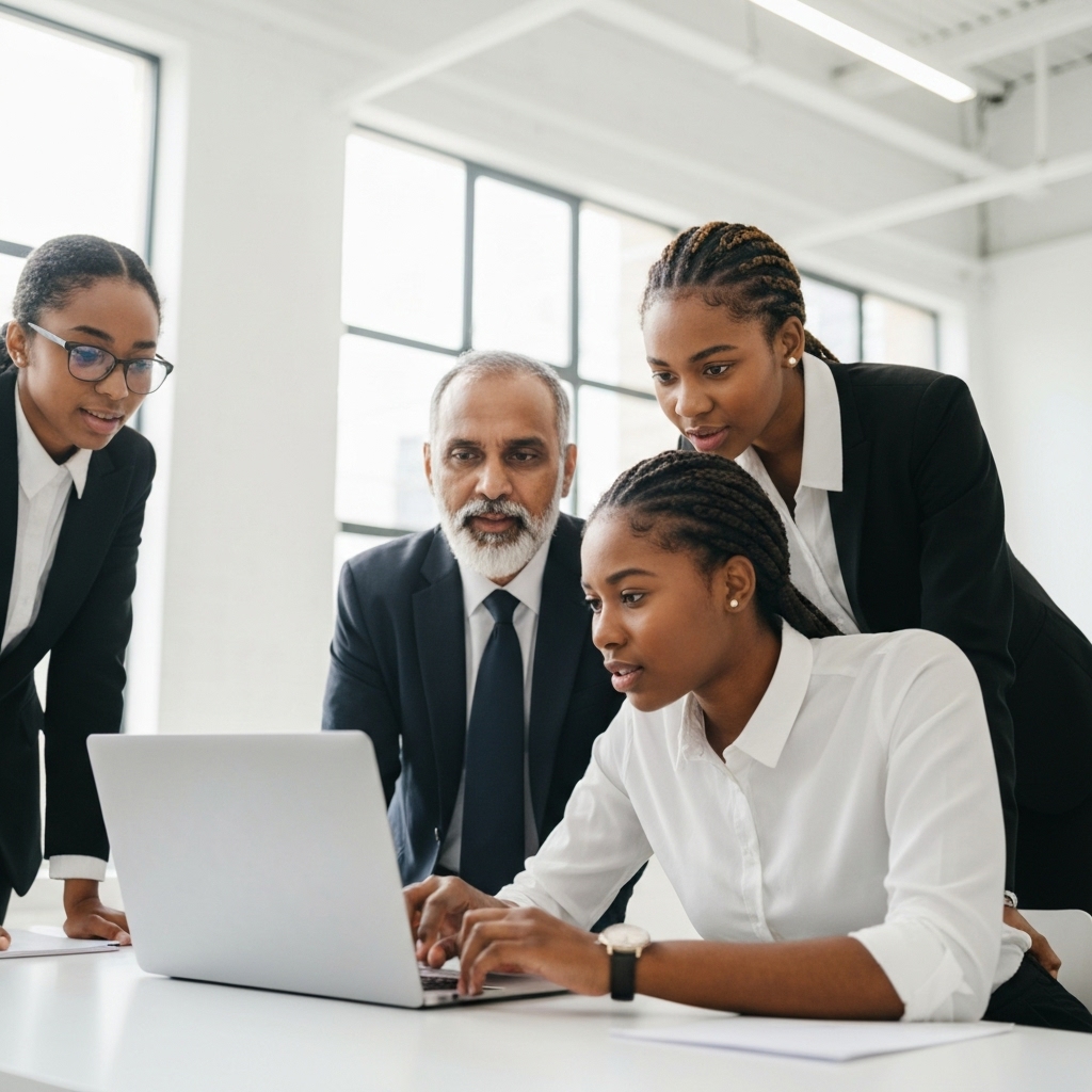 Team working together on a laptop showing automation workflows