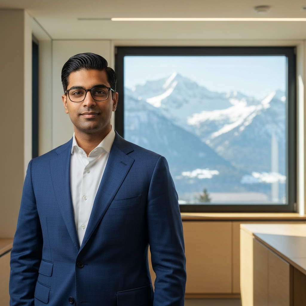 A frustrated entrepreneur looking at a flat growth chart on a laptop screen in a modern swiss office setting