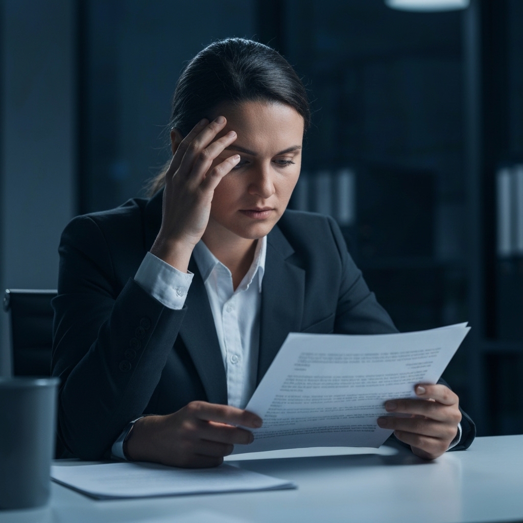 Professional looking stressed analyzing a document late at night in an office