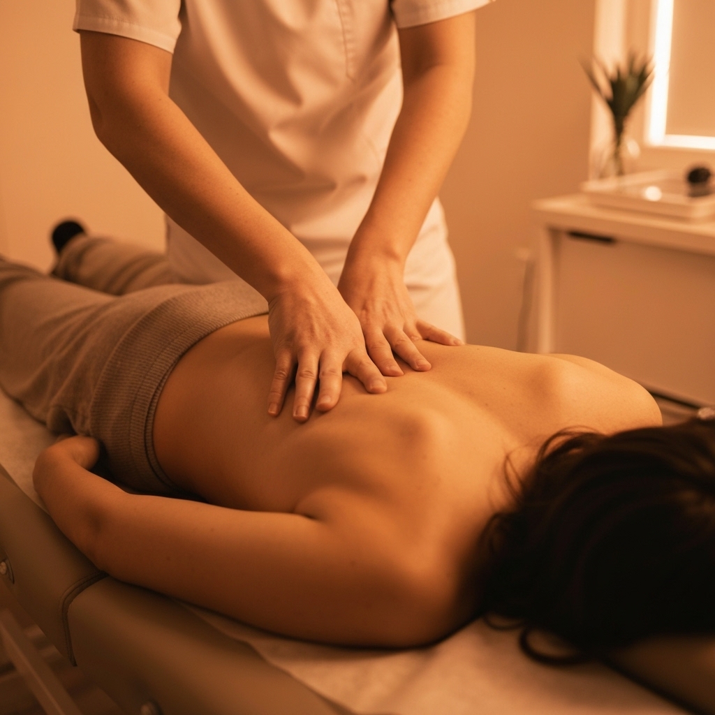 Close-up of gentle hands performing osteopathic therapy on a patient's shoulder, conveying calm and healing