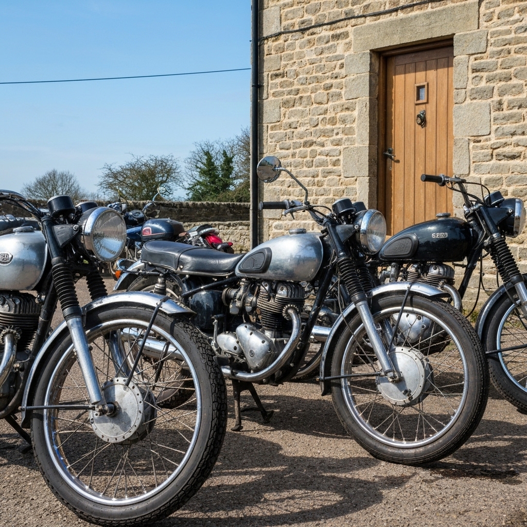 Group of vintage motorcycles parked in front of a rustic pub in countryside setting sunny day