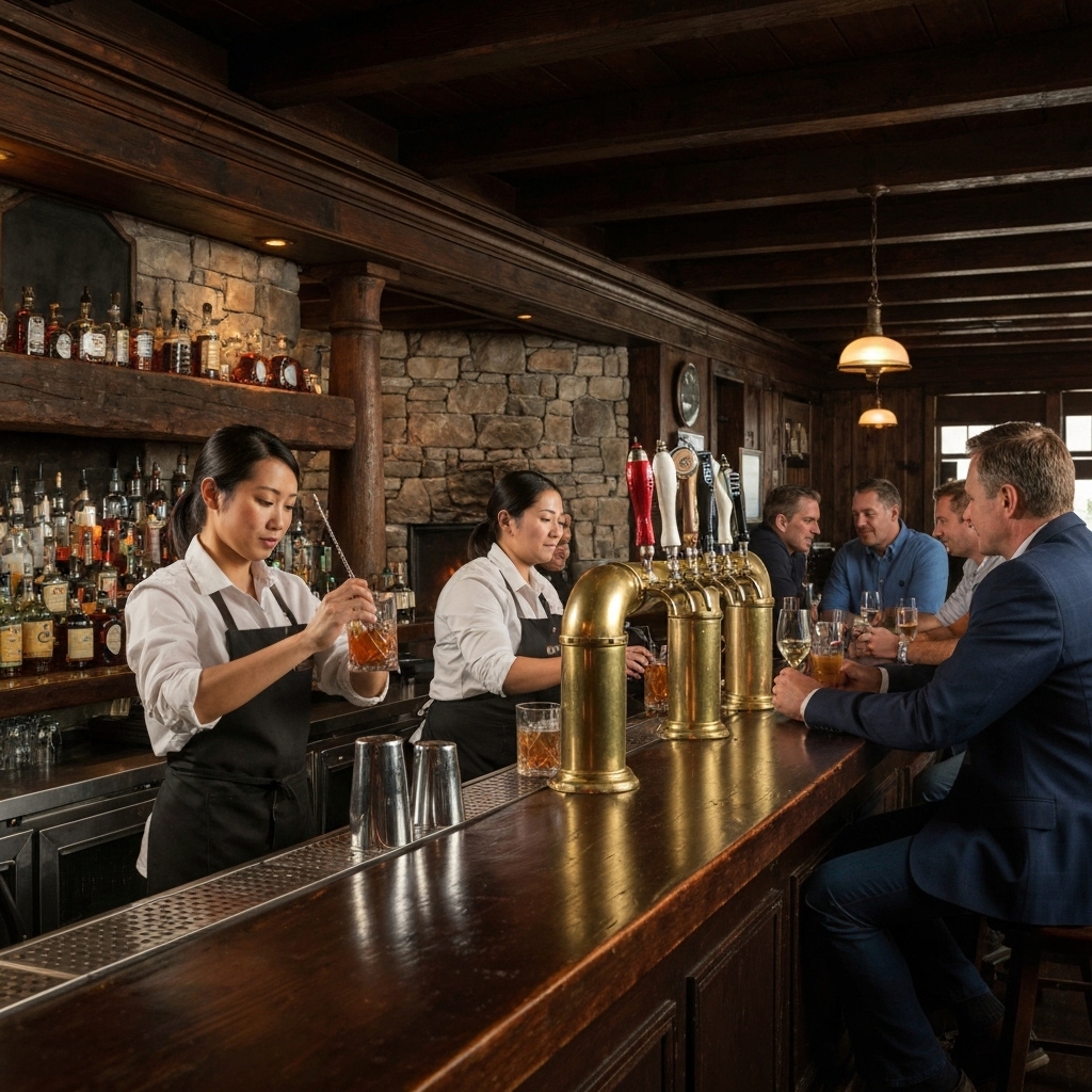 Interior shot of a western style bar with vintage decor wooden furniture and a popcorn machine