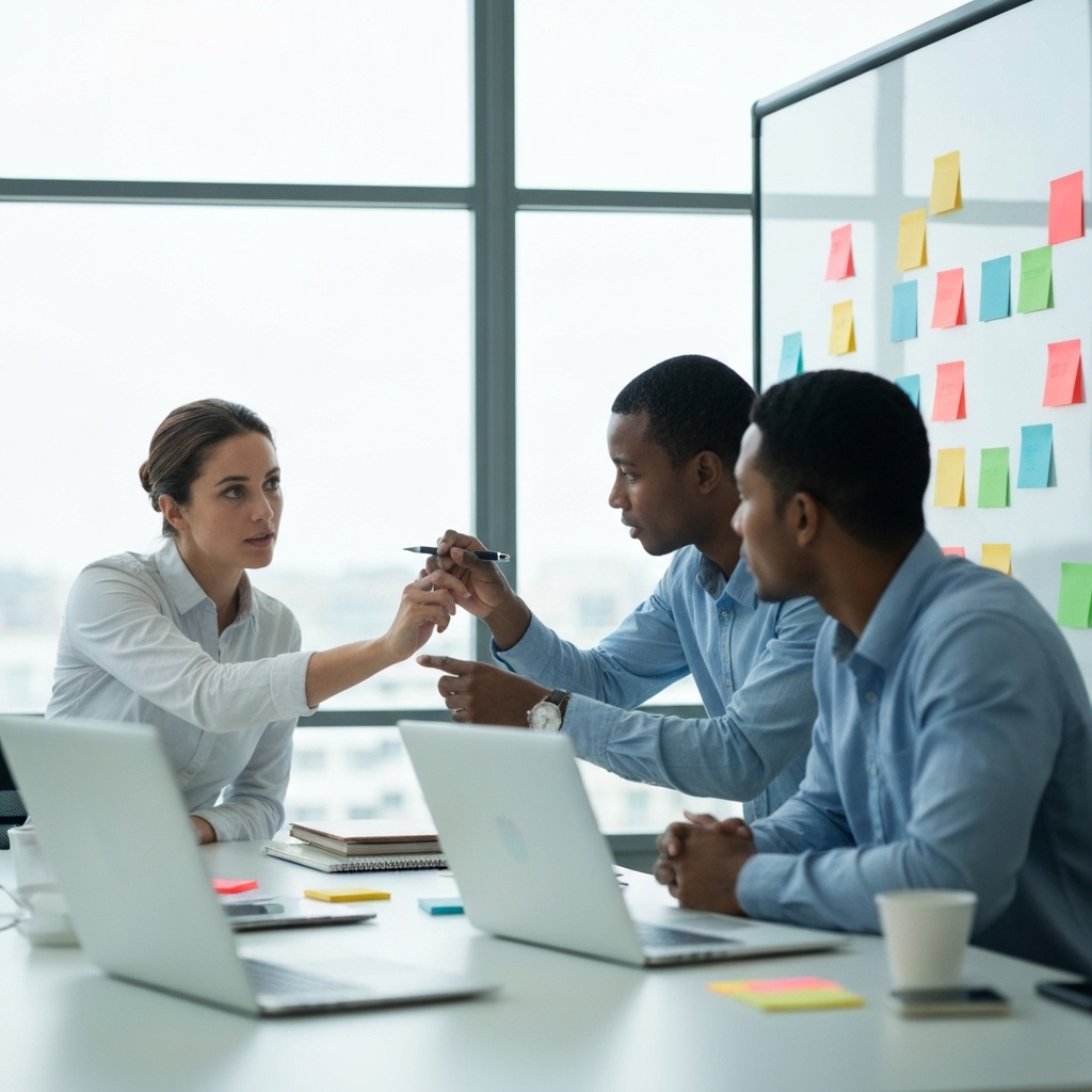 Professional team brainstorming website strategy in a modern office with sticky notes and laptops