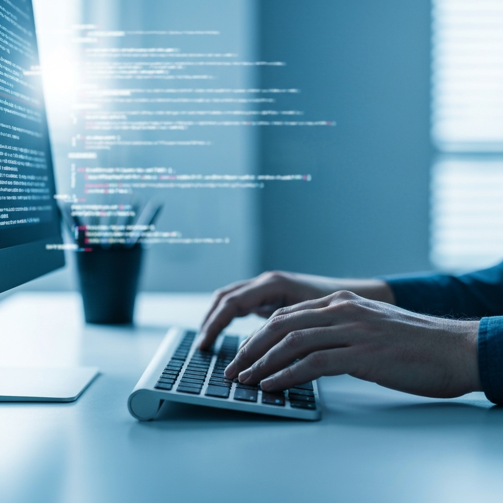 A close up of code being generated automatically on a screen implies speed