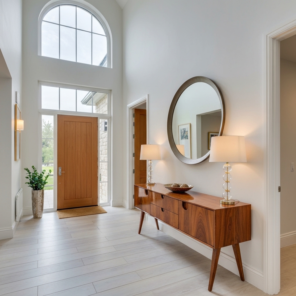 A bright and welcoming modern hallway entrance with a wooden console table, round mirror, and warm lighting in a Swiss apartment style