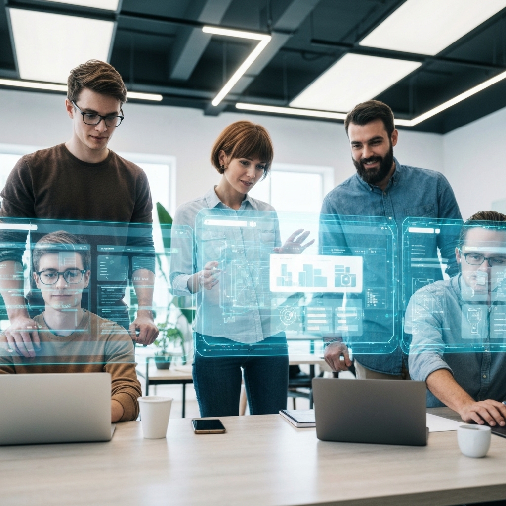 Futuristic digital agency office with team members using holographic AI interfaces to build websites