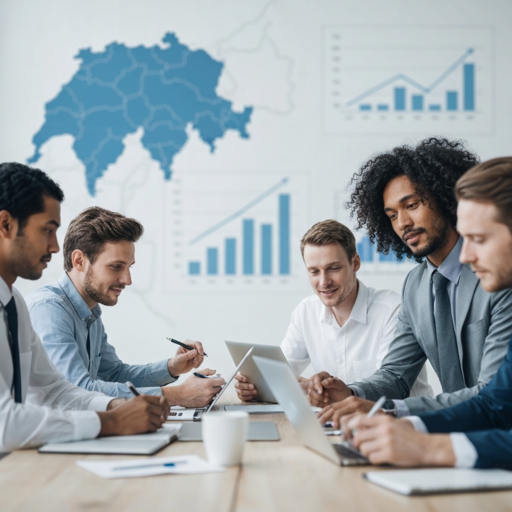 Equipe collaborative travaillant sur une stratégie digitale avec une carte de la Suisse en arrière plan et des graphiques de croissance