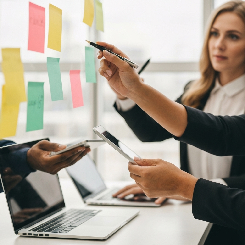 Close up of a creative brainstorming session with sticky notes and digital tablets