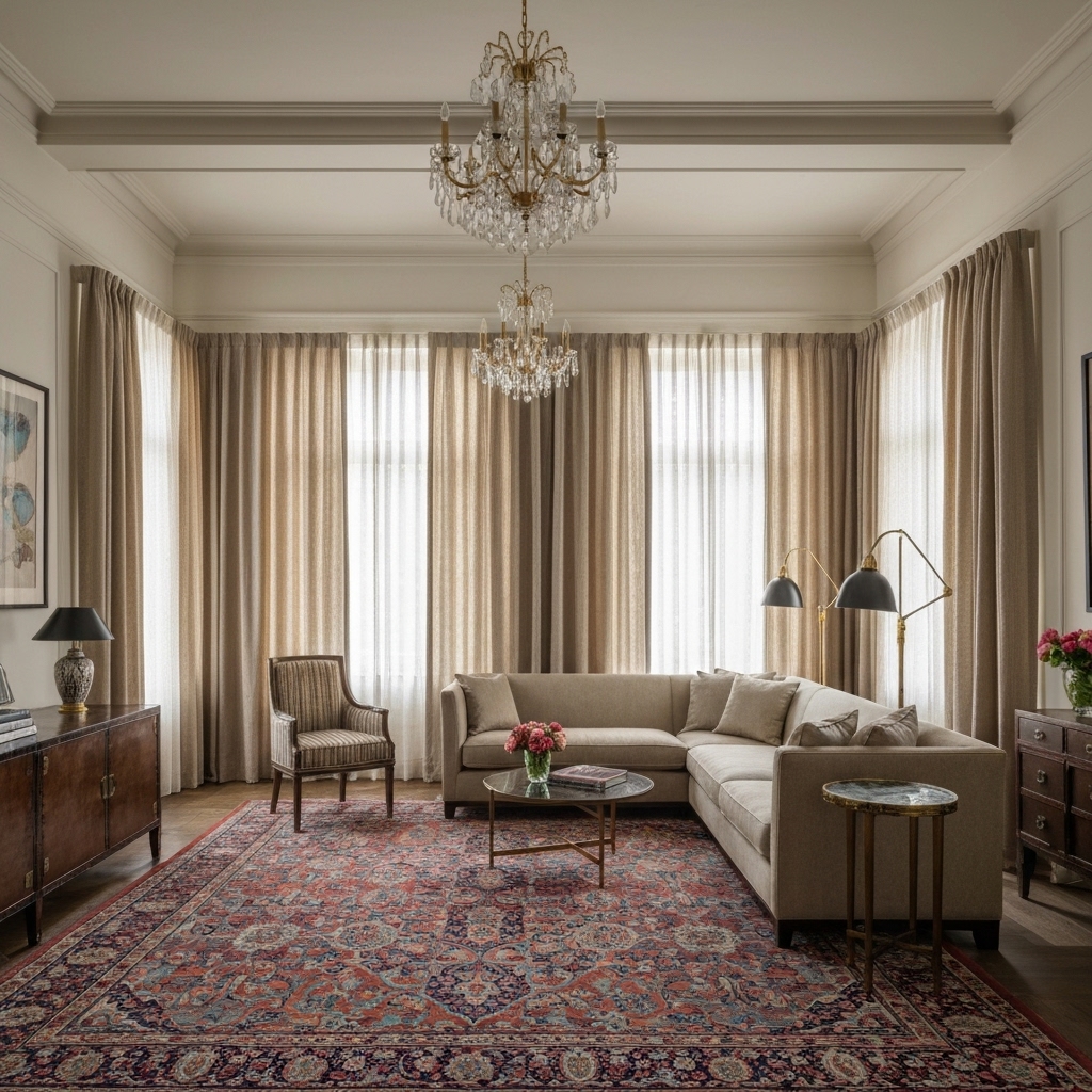 Elegant living room with perfectly hung floor-to-ceiling beige linen curtains, soft natural light, swiss modern design furniture