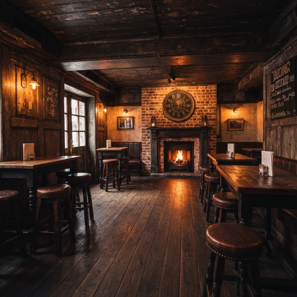 Interior of a rustic biker pub with vintage wooden furniture and warm lighting