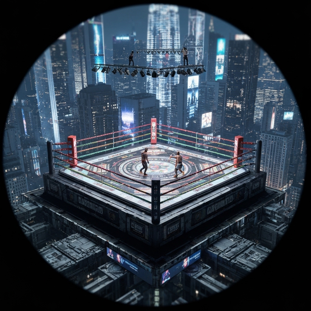 High-tech futuristic boxing ring with a glowing robot fighting a digital abstract brain representing AI competition