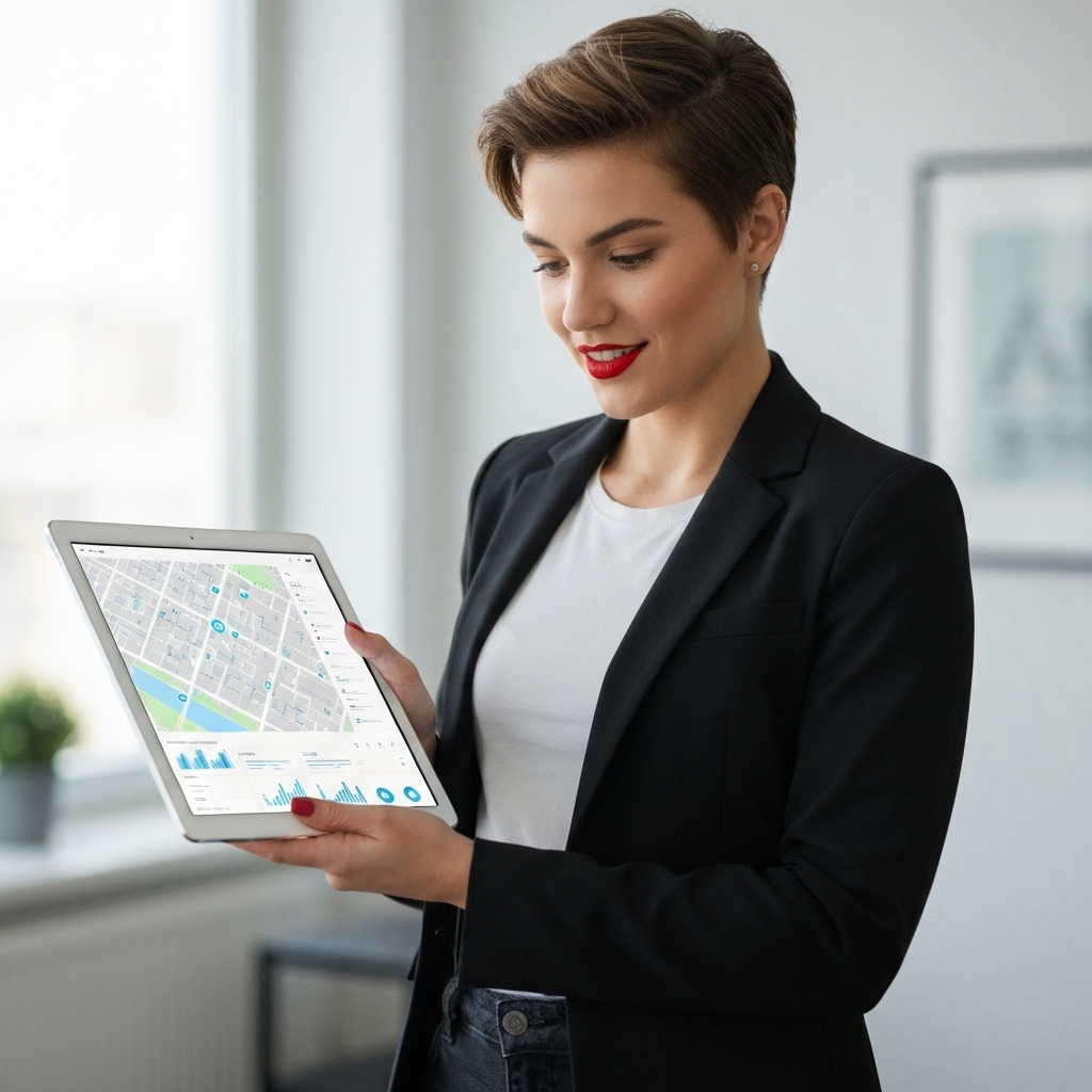 Real estate agent looking at a digital map on a tablet with data analytics overlays
