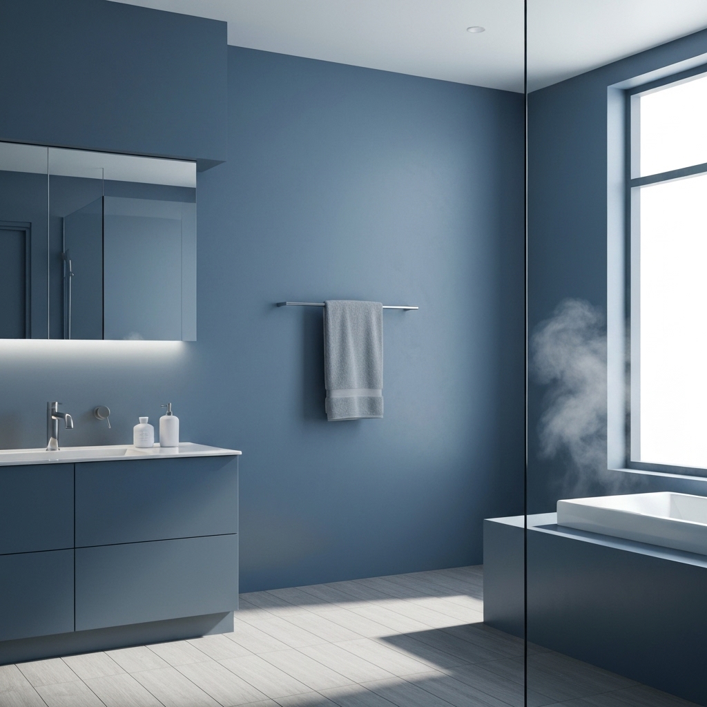 Modern bathroom with blue satin finish walls, showing resistance to steam and water