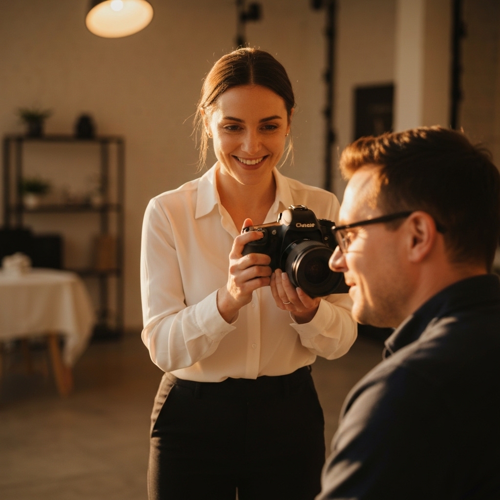 A professional photographer reviewing photos on a camera screen with a happy client in a warm studio setting in Chexbres