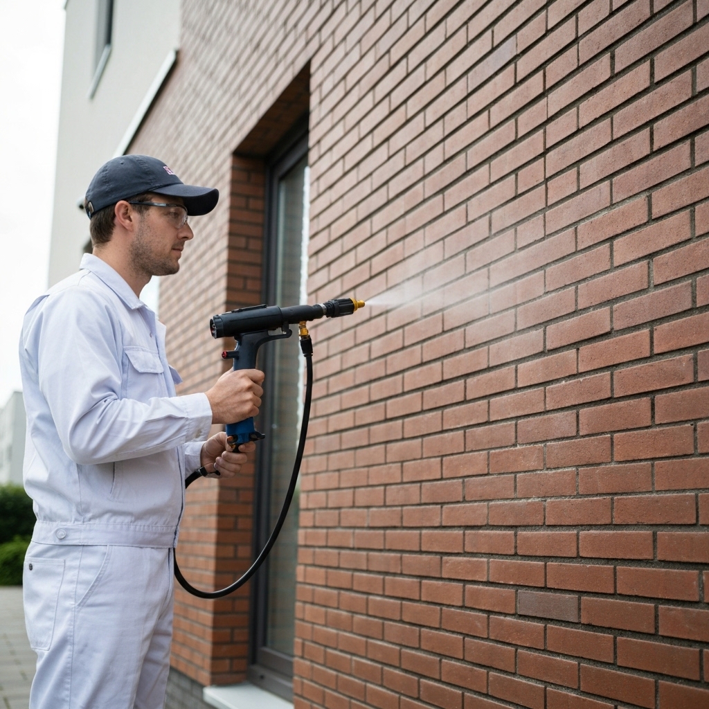 Professional holding a low-pressure sprayer applying hydrophobic treatment on a wall
