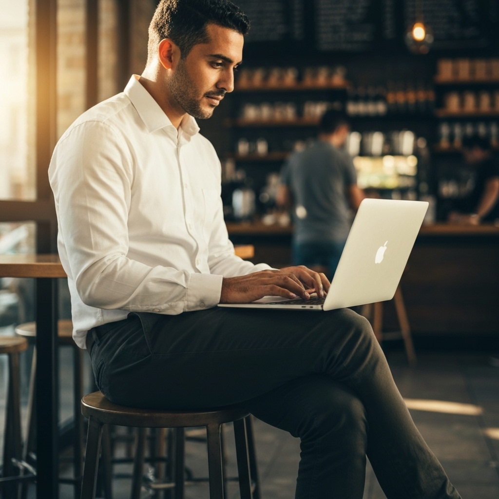 A freelancer working on a laptop in a modern coffee shop, analyzing budget charts