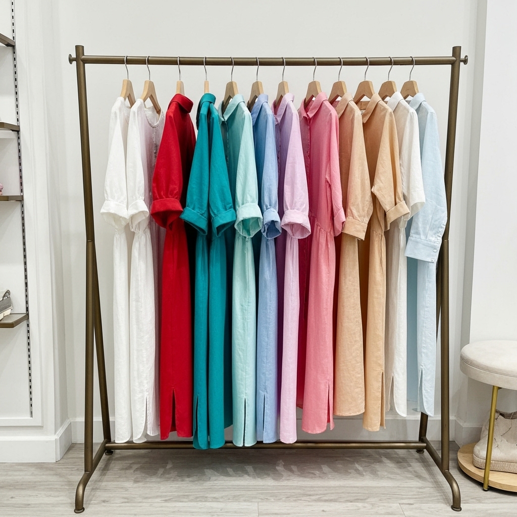 Rack of colorful cotton and linen shirt dresses in a boutique setting