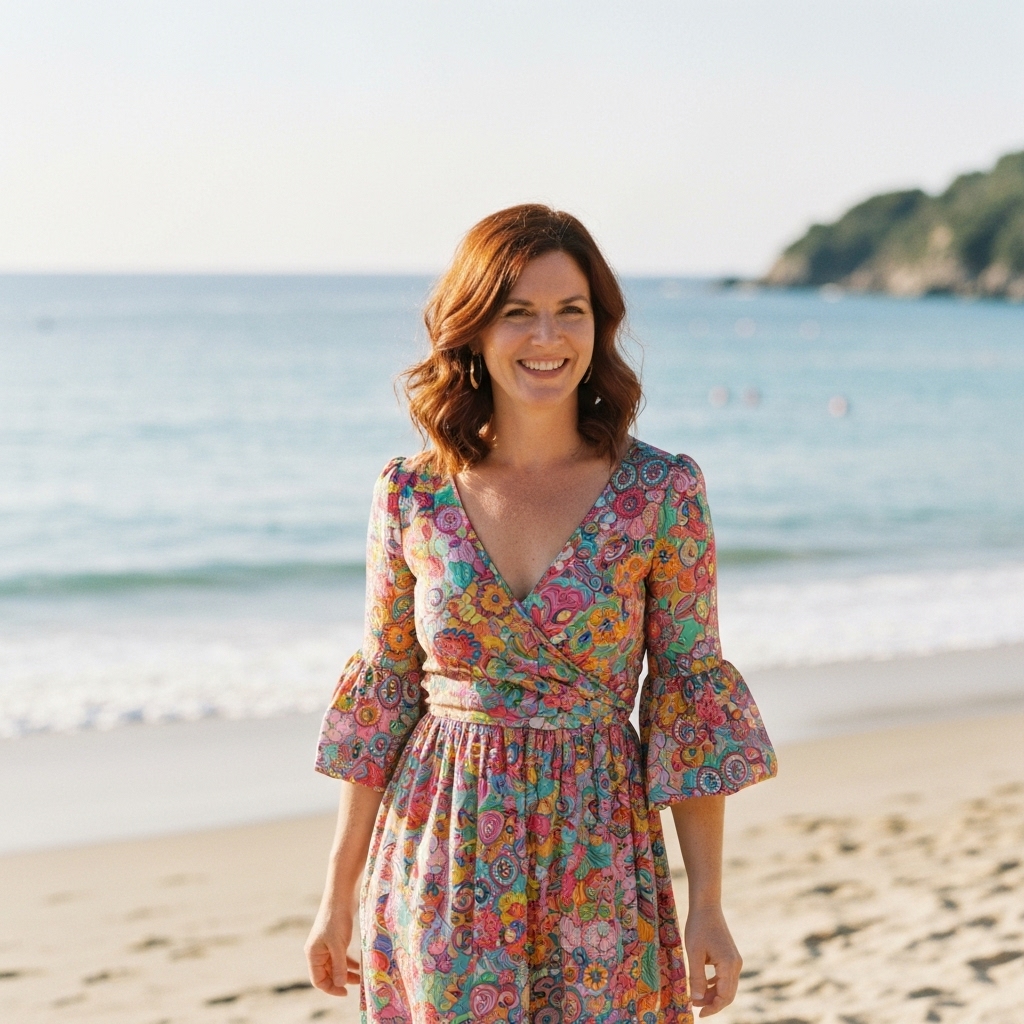 Woman walking on a California beach wearing a breezy linen dress at sunset, golden hour lighting