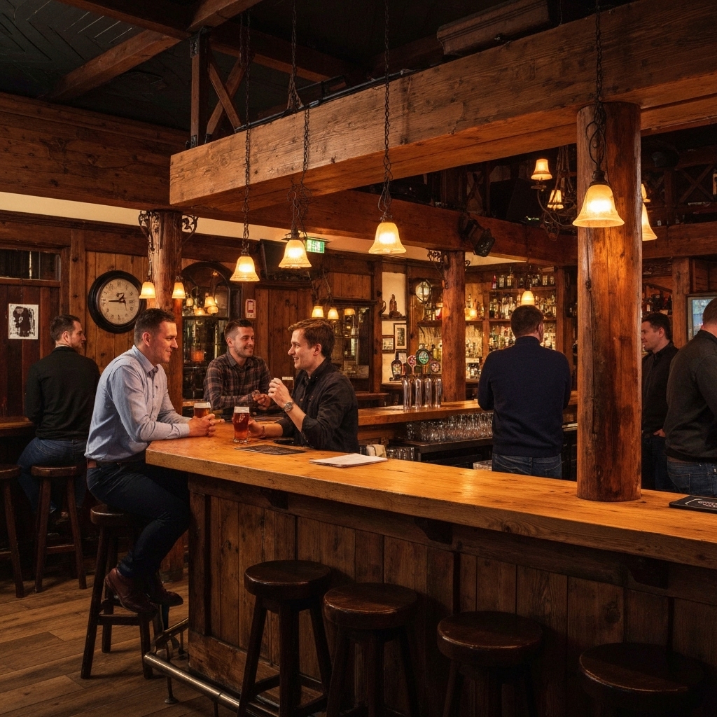 Intérieur chaleureux du Bonanza Pub avec décoration style western, bar en bois et clients conviviaux buvant une bière
