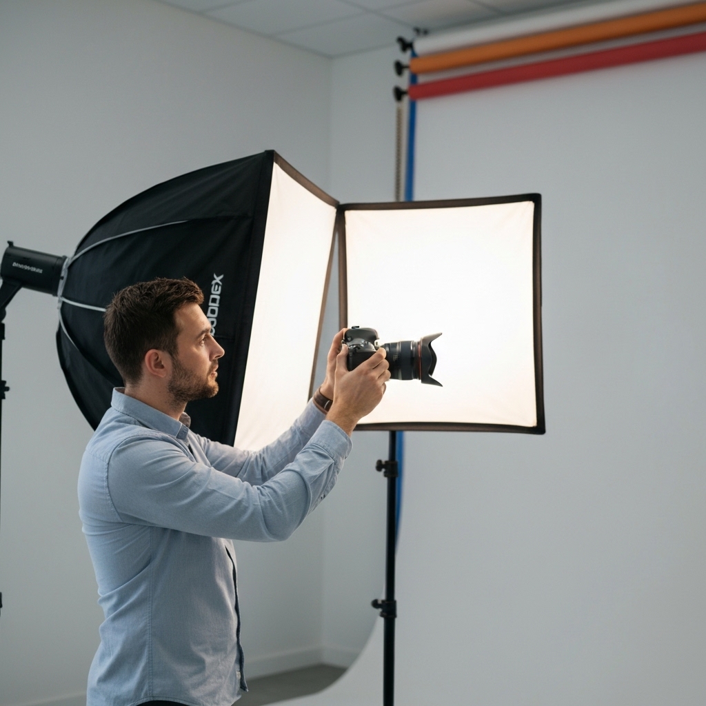 Professional photographer Patrick adjusting lighting for a corporate client in a modern studio setting in Chexbres