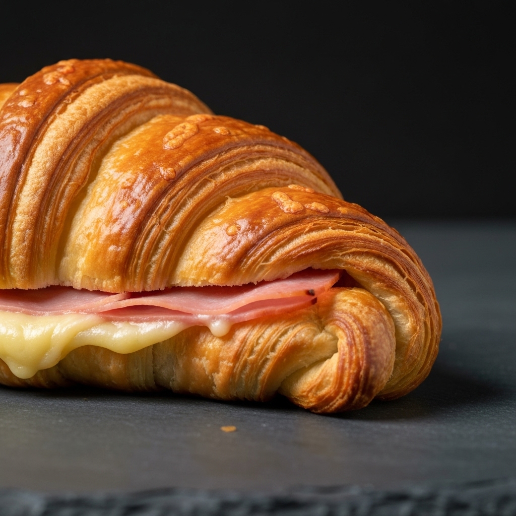 Close-up of a golden ham and cheese croissant fresh out of the oven on a rustic wooden table with a bottle of Grano Maté in the background