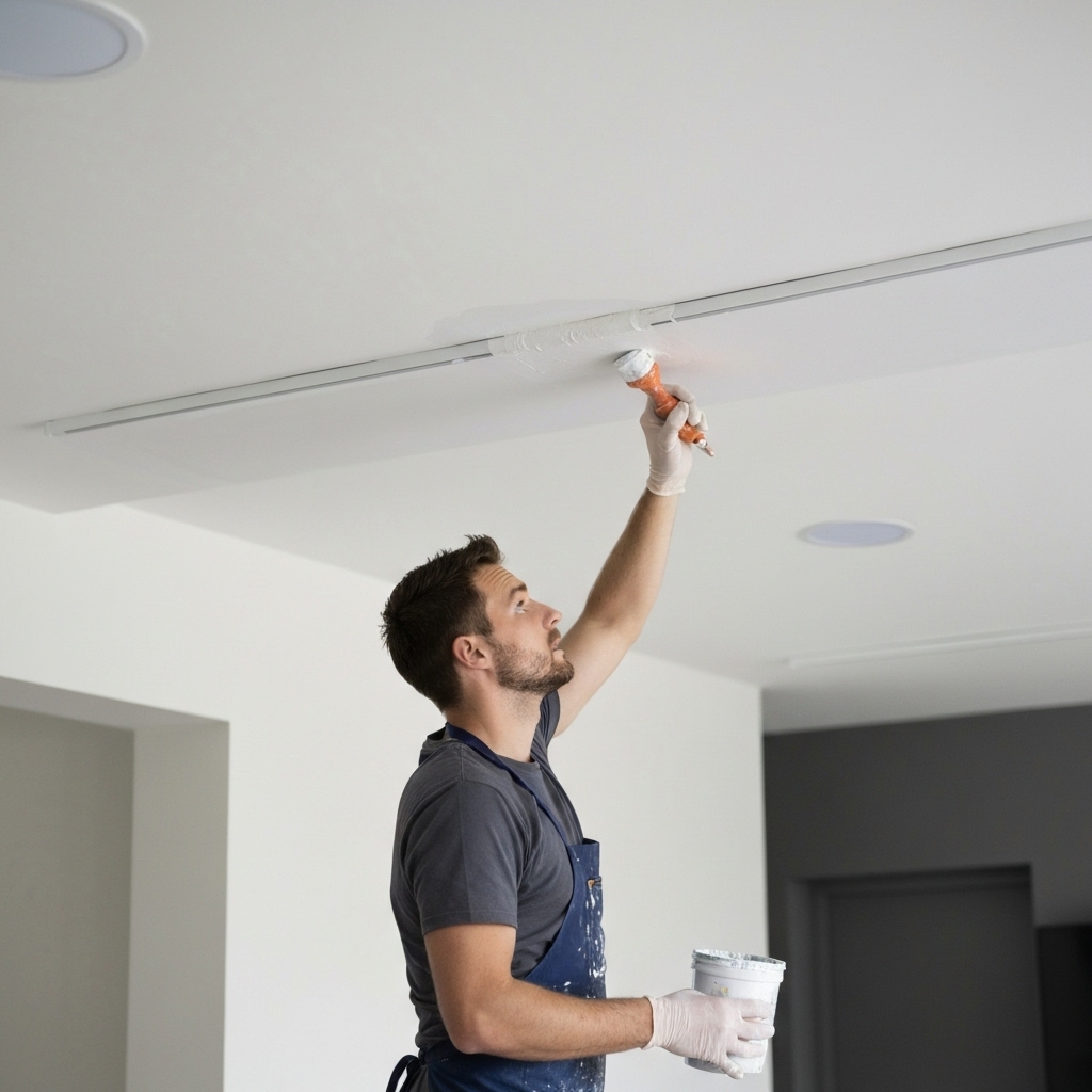 Un peintre professionnel appliquant une couche de peinture sur un plafond avec précision dans un salon moderne