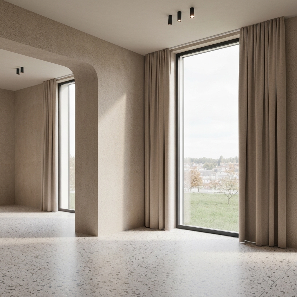Un salon moderne et lumineux avec des murs peints à la chaux beige texturée, montrant la lumière naturelle frappant le mur pour révéler la texture, ambiance cosy et Suisse.